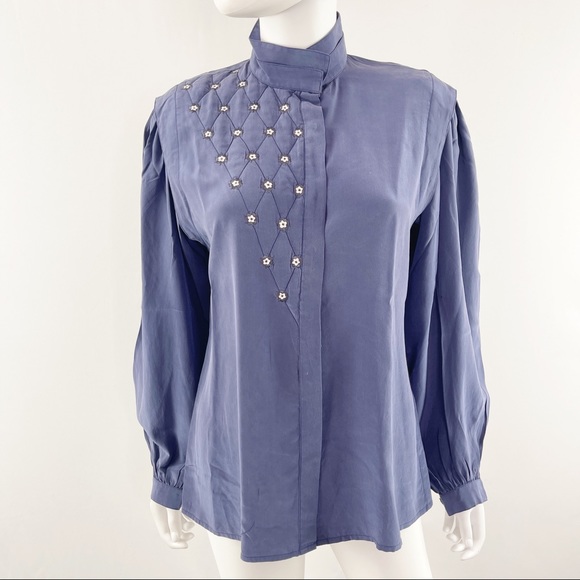 Vintage Cache Navy Blue Silk Button Up Blouse Top Floral Embroidery Size 8 - Picture 1 of 7